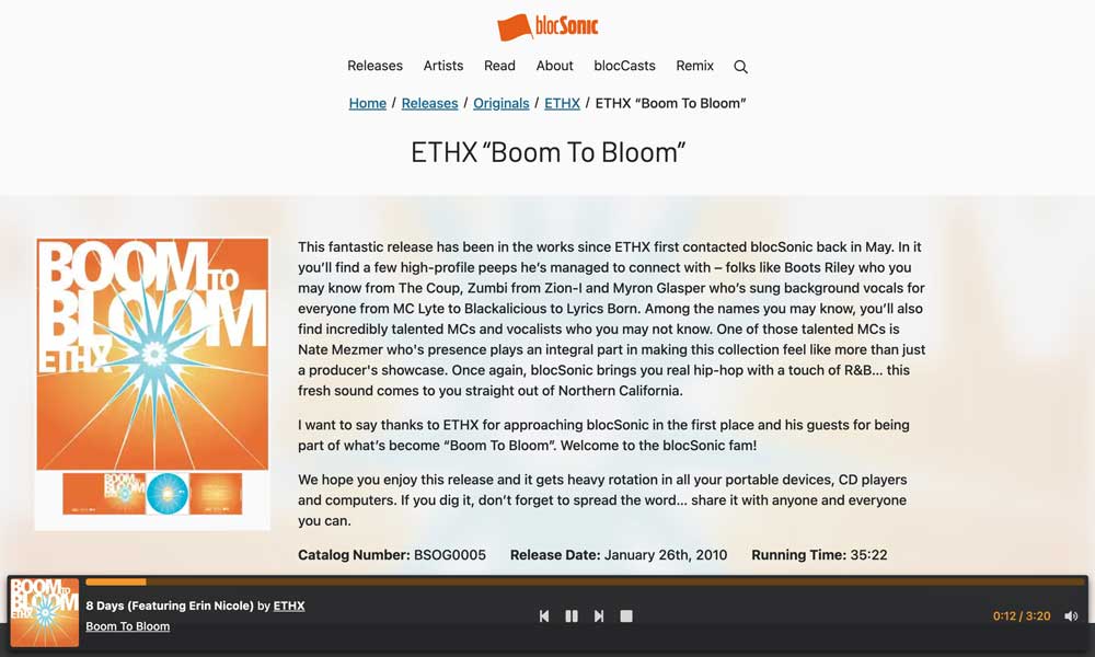 Screenshot of a typical blocSonic music release page