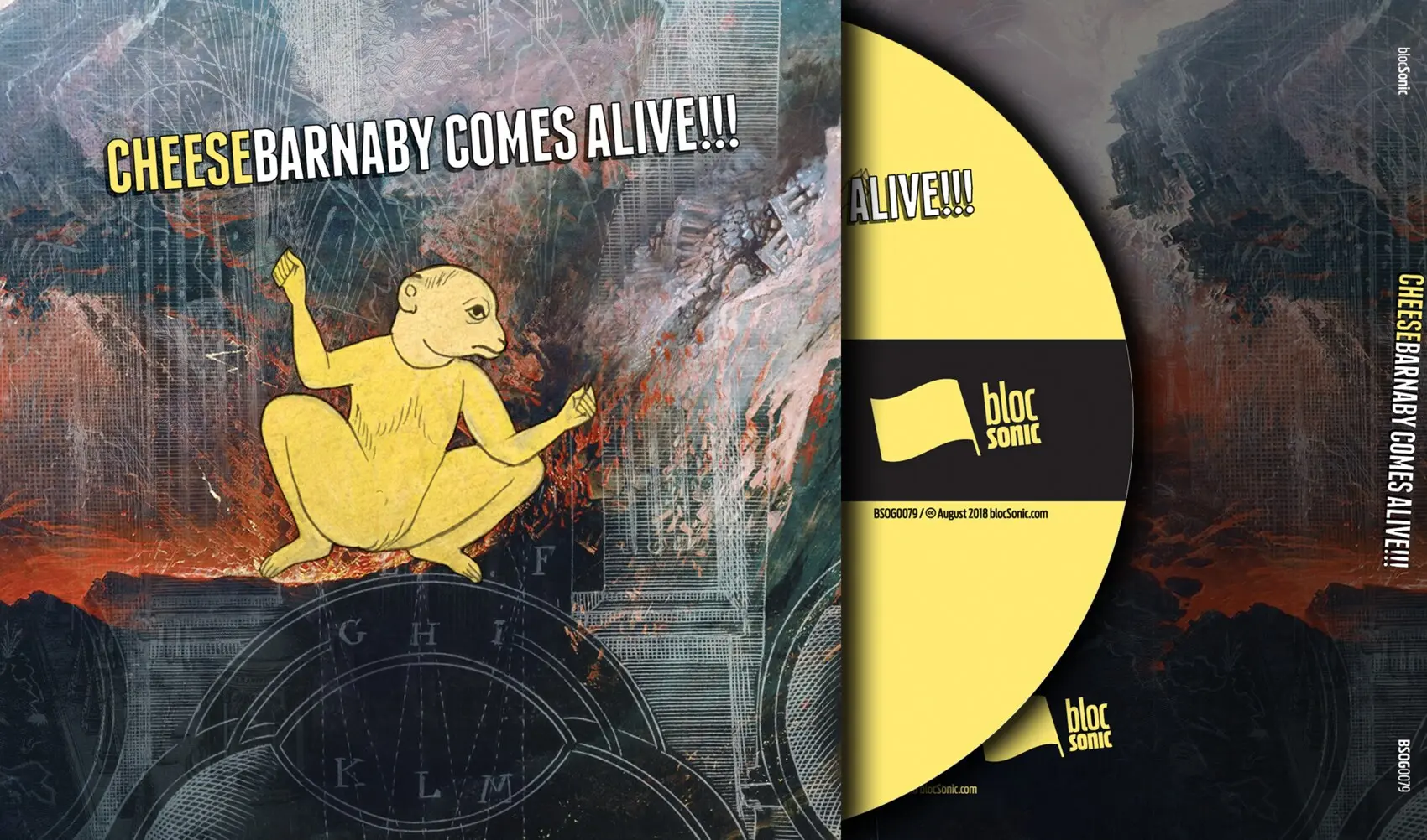 Release art for Cheese “Barnaby Comes Alive!!!”: a drawn yellow ape seated over a collaged cityscape and alchemical diagram, title set in yellow and white capitals.