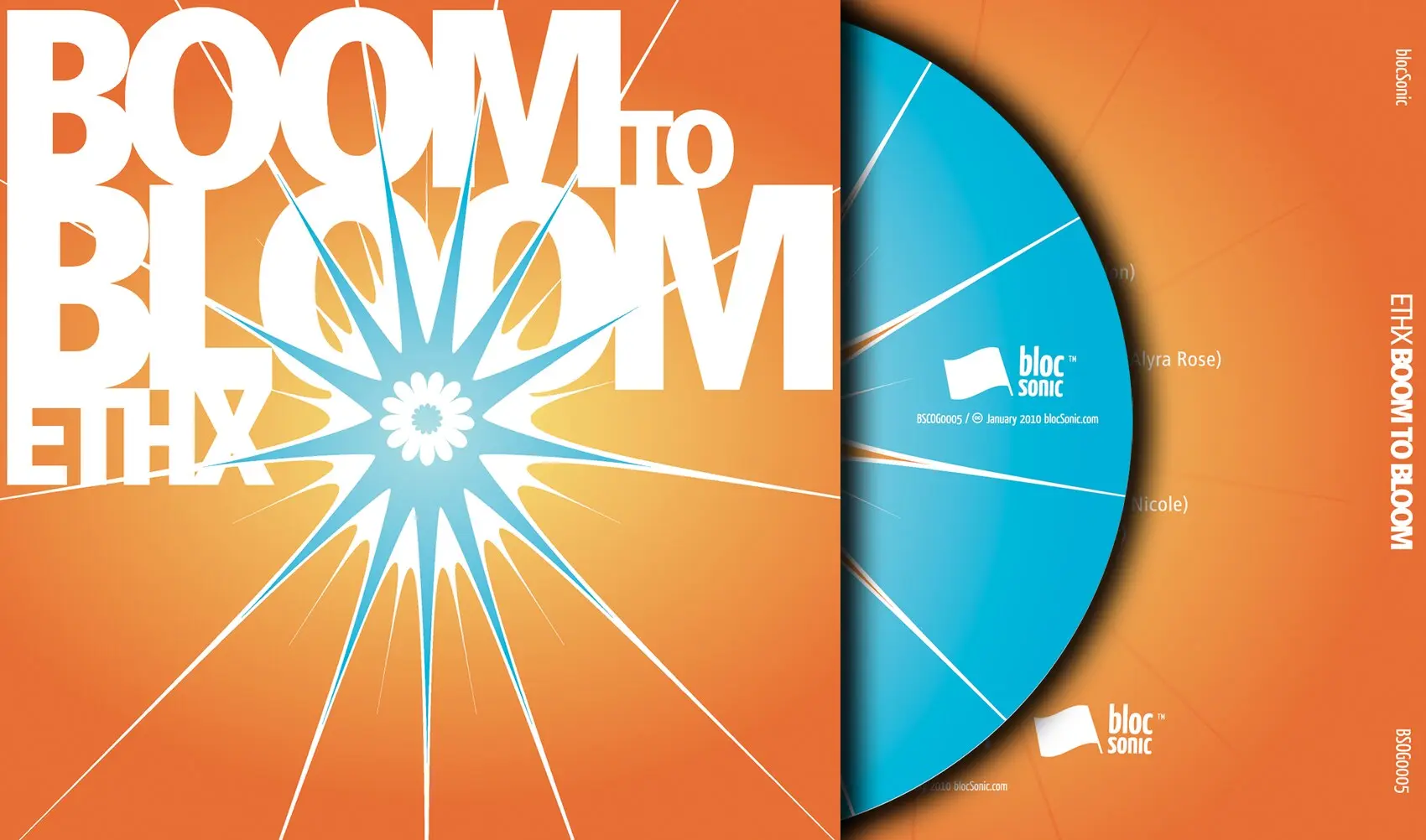 Release art for ETHX “Boom To Bloom”: heavy white display type across an orange ground, split by a cyan starburst, beside the tray card and cyan disc.