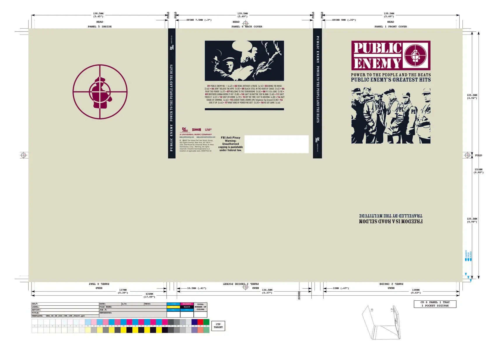 The digipack production layout: all six panels flat, with crop marks, fold marks, panel dimensions in millimetres and inches, and a printer's colour bar along the bottom.
