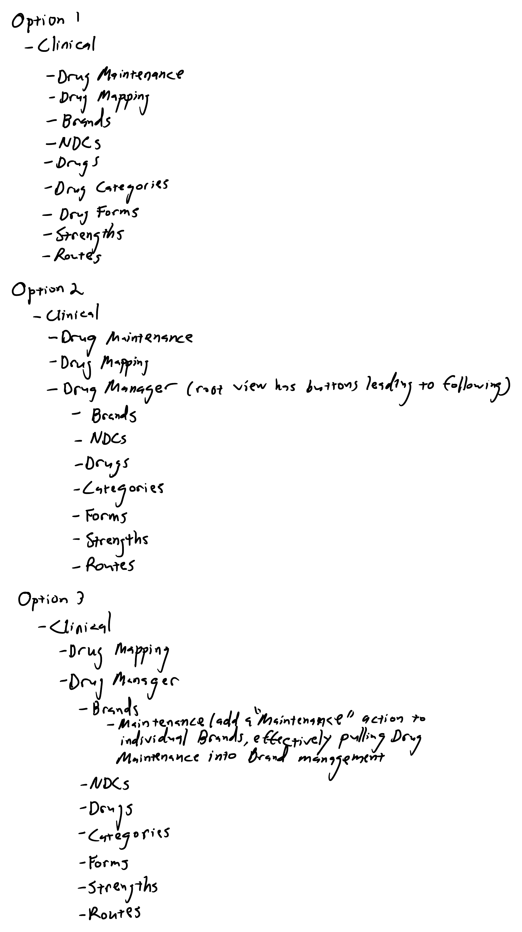 Handwritten exploration of three consolidation options, each written out as an indented outline under a Clinical heading — Option 1 listing all nine modules flat, Option 2 introducing a Drug Manager whose root view routes to seven modules, and Option 3 adding a note that a Maintenance action on individual Brands pulls Drug Maintenance into brand management.