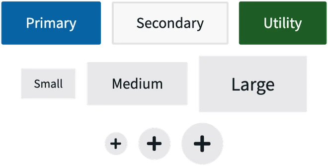 Promenade button component: Primary, Secondary, and Utility variants above small, medium, and large sizes, and three round icon-only buttons.