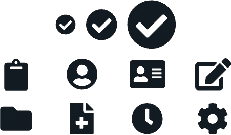 Icons from the single Promenade set — check marks at three sizes, plus clipboard, user, ID card, edit, folder, file, clock, and settings gear.