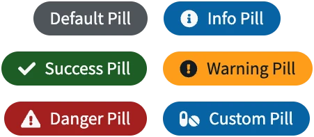 Promenade pill component in six variants — default, info, success, warning, danger, and custom — most carrying a leading icon.