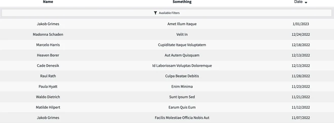 Promenade data table with Name, Something, and Date columns, a sortable Date header, an Available Filters row, and zebra-striped rows of placeholder records.